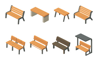 Park benches isometric icon set. featuring wooden, metal, curved, simple, double, rustic, and shelter designs.