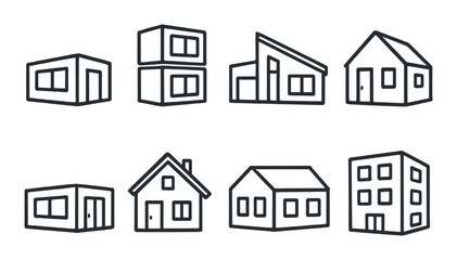 Architecture silhouette icon set. featuring modern, duplex, slanted roof, bungalow, one-story, and apartment symbols.