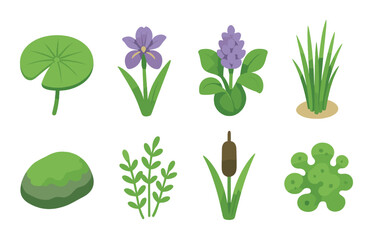 Nature silhouette icon set. featuring lily pad, iris, hyacinth, grass, moss, cattail, algae.