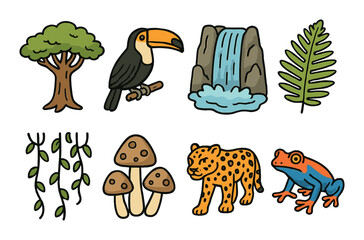 Jungle wildlife flat icon set. featuring tree, toucan, waterfall, fern, vines, mushrooms, leopard, and frog.
