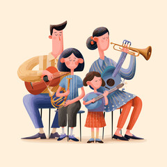 Family making music together. The image depicts a family of four enjoying music. They are dressed casually, creating music together