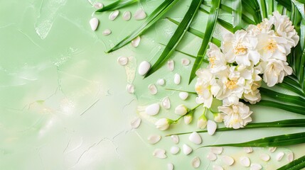 White Floral Bouquet with Green Leaves and Scattered White Petals on Green Textured Background