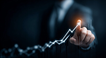 Blue growth chart shows upward trend; finger highlights point. Success backdrop, finance presentation, business report.
