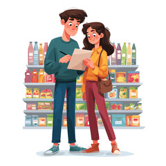 A couple reviewing a shopping list in a grocery store, surrounded by various food products on shelves