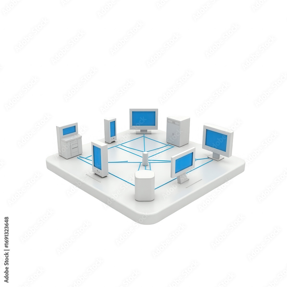 Poster A network of interconnected computers and devices arranged on a white platform, showcasing a modern digital connection.