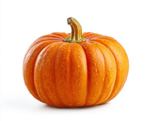 A vibrant orange pumpkin, round and ribbed, isolated on a clean white background.
