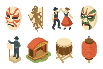 Cultural elements isometric icon set. featuring mask, dance, theater, lantern, and drum symbols.
