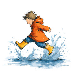 A child is joyfully jumping in a puddle, creating water splashes. The image captures a sense of fun, childhood and playfulness