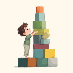 A child carefully building a tower out of colorful blocks, filled with focus and determination. The image captures the joy of building and creative exploration.