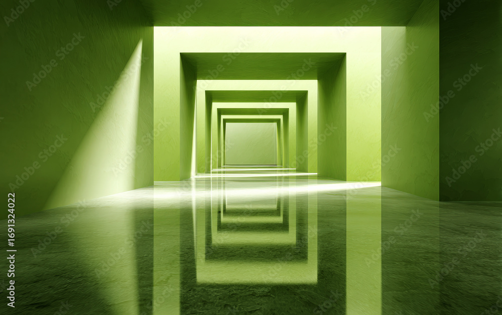 Poster a series of green rectangular frames forming a perspective tunnel
