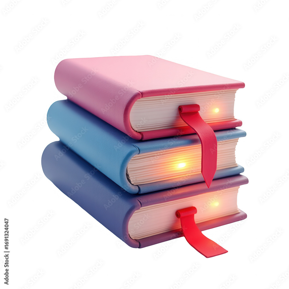Poster a stack of brightly colored books, illuminated by glowing bookmarks, creating a visually engaging an