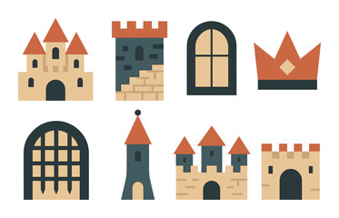 Naklejka premium Castle architecture flat icon set. featuring gate, tower, window, castle, and crown symbols.