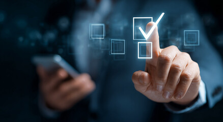 Blue corporate style shows a person pressing a glowing check box for digital forms, user interface, digital transformation and user experience.