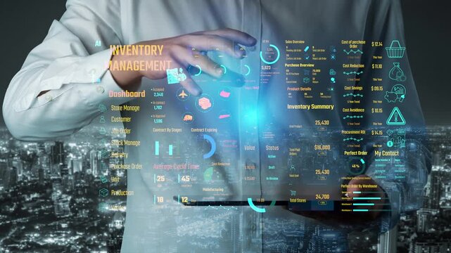 Inventory management dashboard showing supply chain performance, stock levels, order cycle times, cost reduction, and procurement ROI. Inventory tracking, and streamline warehouse efficiency. Thunk