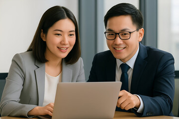 Portrait of two business colleagues, looking at something online 