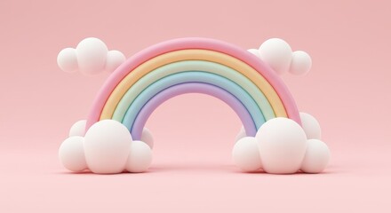 3D rainbow with clouds on pastel pink background