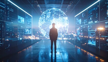 Backlit figure silhouetted against a large, glowing sphere of interconnected lines in a hi-tech room surrounded by digital displays