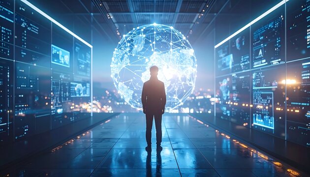 Backlit figure silhouetted against a large, glowing sphere of interconnected lines in a hi-tech room surrounded by digital displays
