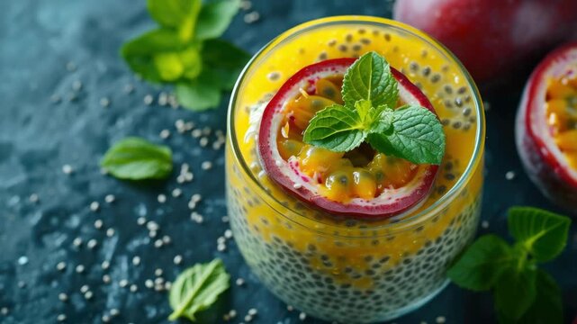 Refreshing yogurt smoothie topped with vibrant pomegranate seeds, garnished with mint leaves and poppy seeds.