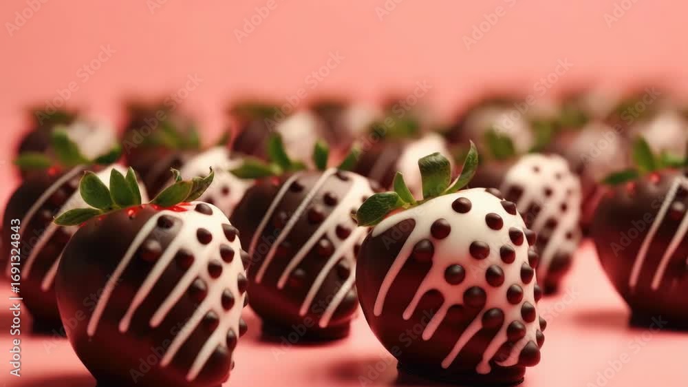 Aufkleber a row of strawberries with chocolate drizzle on them. the strawberries are in a line and are all the