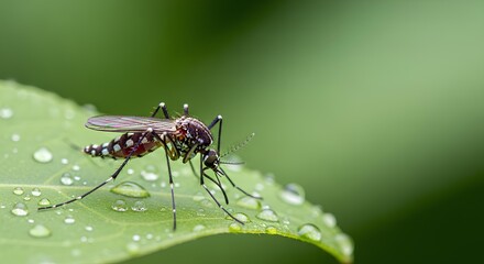 Fototapeta premium Macro detail of a striped Aedes mosquito on a vibrant green leaf covered with morning dew, a vector for tropical diseases