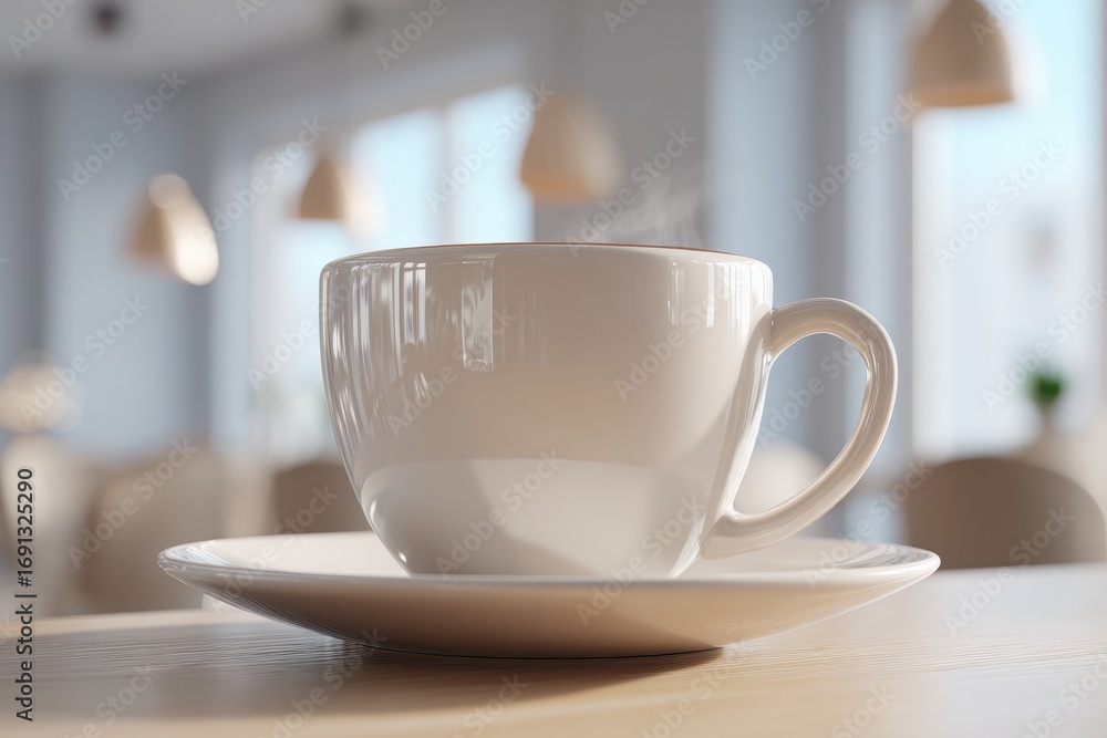 Poster close-up of a steaming white coffee cup on a saucer, illuminated by soft light, creating a serene an
