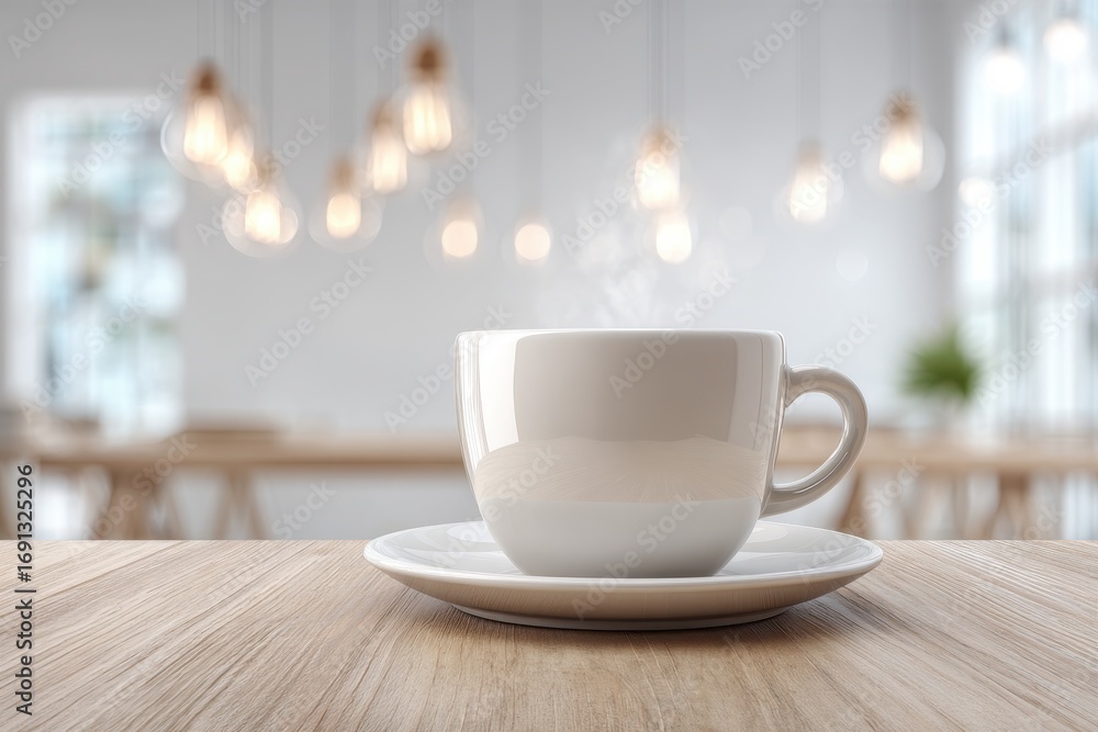Poster a warm cup of coffee steaming on a wooden table in a brightly lit cafe setting, creating a cozy and 
