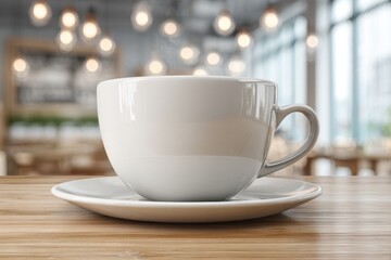 A steaming cup of coffee or tea sits on a wooden table in a cozy cafe, with soft lighting and a blurred background creating a warm, inviting atmosphere.