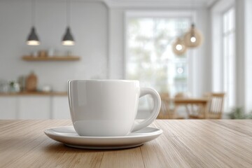 Fototapeta premium A steaming cup of coffee sits on a wooden table in a bright and modern kitchen, creating a cozy atmosphere and inviting moment for relaxation and enjoyment.