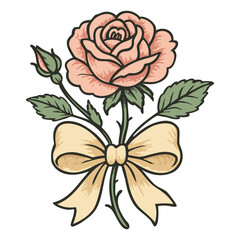 Pink coquette rose in a bow. Vector isolated illustration