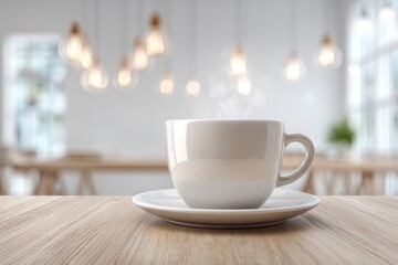 Fototapeta premium A warm cup of coffee steaming on a wooden table in a brightly lit cafe setting, creating a cozy and inviting atmosphere with hanging lights and soft background.