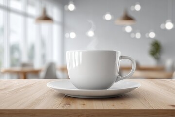 A steaming cup of coffee sitting on a wooden table in a bright and airy cafe, perfect for a relaxing morning and enjoying a warm beverage in a cozy setting.