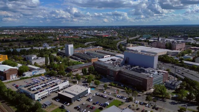 razor factory in Berlin producing cosmetics. Wonderful aerial view flight drone