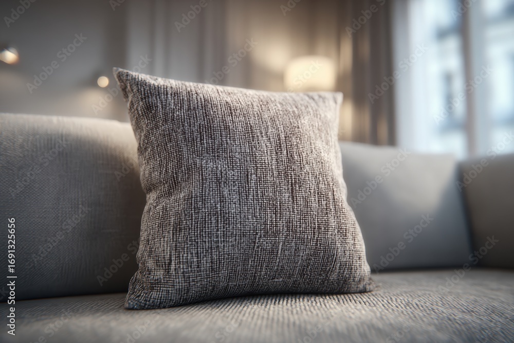 Aufkleber close-up of a textured grey pillow on a modern sofa with blurred window in the background, creating 