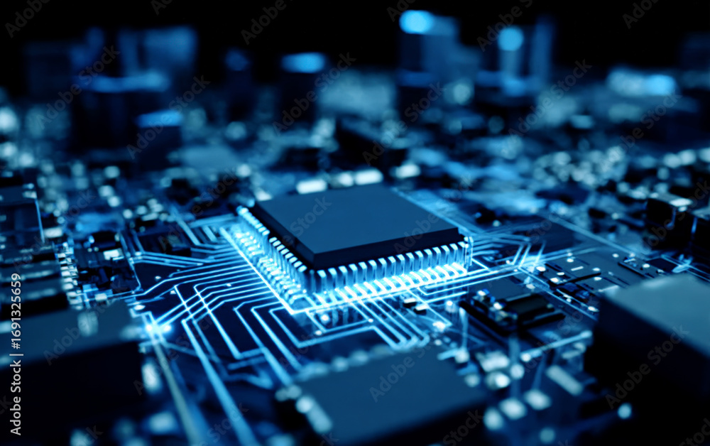 Poster close-up view of a modern electronic circuit board with microchip