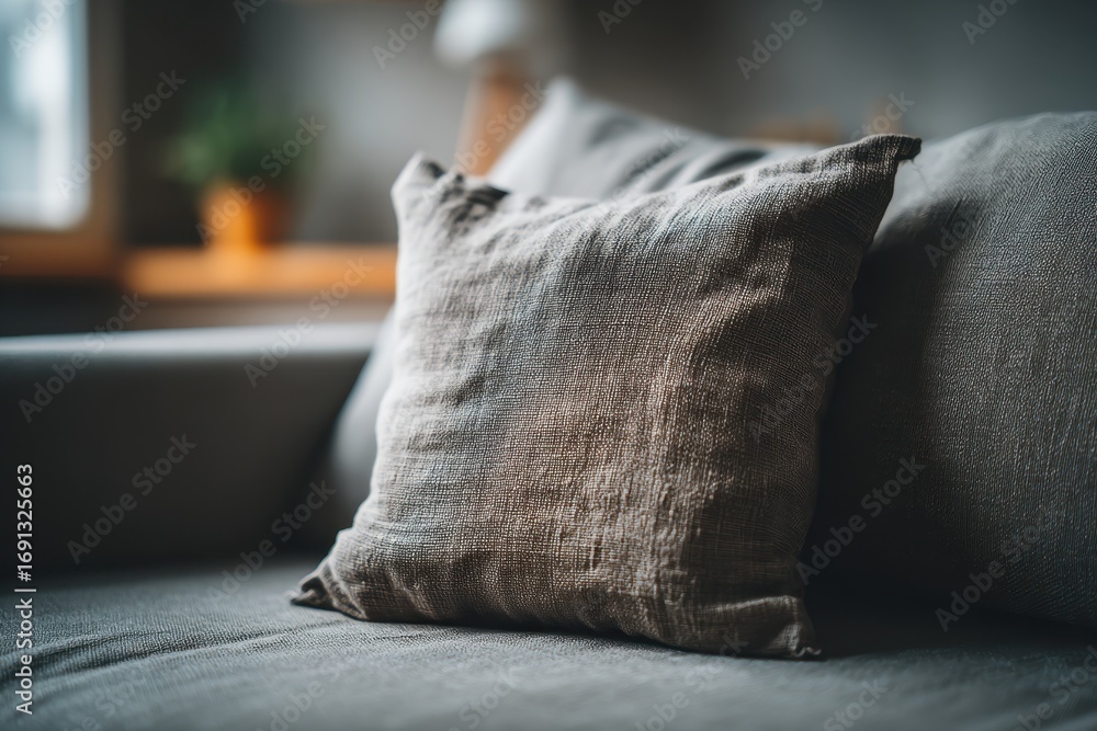 Poster a close-up shot of a gray woven pillow resting on a comfortable couch, creating a cozy and inviting 