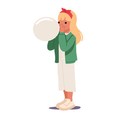 Pretty preschool girl cartoon character blowing balloon making creative present isolated on white