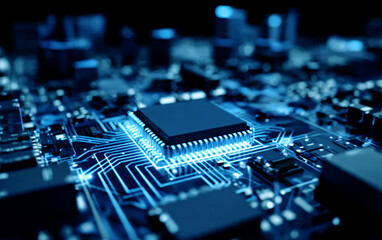 Close-up view of a modern electronic circuit board with microchip