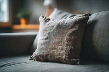 A close-up shot of a gray woven pillow resting on a comfortable couch, creating a cozy and inviting atmosphere, with blurred background featuring a window and plant.