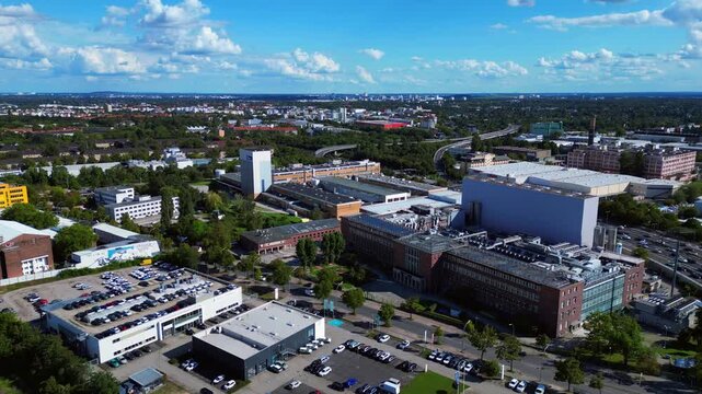 razor factory in Berlin producing cosmetics. Nice aerial view flight drone