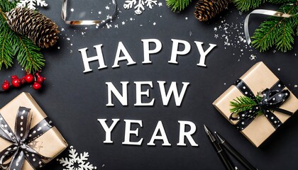 Festive image with "Happy New Year" text surrounded by decorations on a dark surface. Includes gift boxes, pine cones, spruce branches, and festive embellishments like snowflakes and ribbons. 