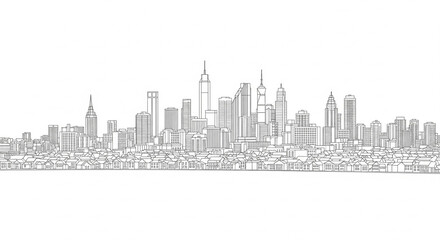 Fototapeta premium Detailed Outline Drawing of a Modern City Skyline with Skyscrapers on an Isolated transparent background