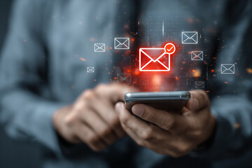 Person checks completed email messages on mobile device. Ideal for email marketing, communication, and networking.