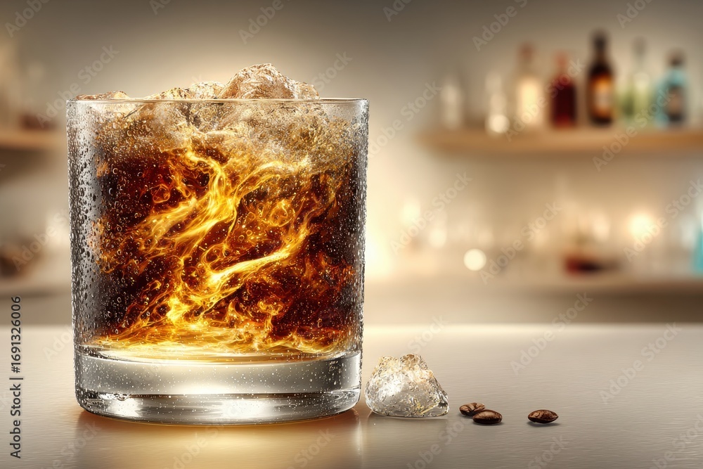 Poster an inviting glass filled with cola and ice, set on a reflective surface, creating a tempting and ref