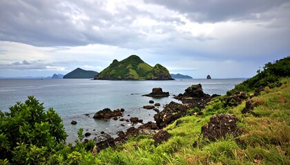 Lush island landscape under a cloudy sky