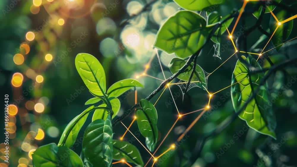 Poster this image features a close-up of leaves with an abstract light effect that creates a vibrant and en