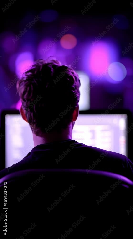Poster cybersecurity expert man analyzing data on computer monitor in glow of purple light, digital crime c