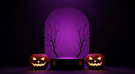 Spooky halloween scene with glowing jack-o'-lanterns and ethereal purple light
