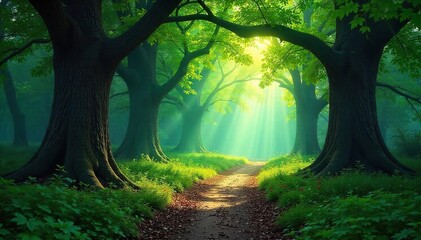 Enchanted woodland path winding through ancient trees, dappled sunlight filtering through leaves, mystical atmosphere, magical realm , sparkle, pixie