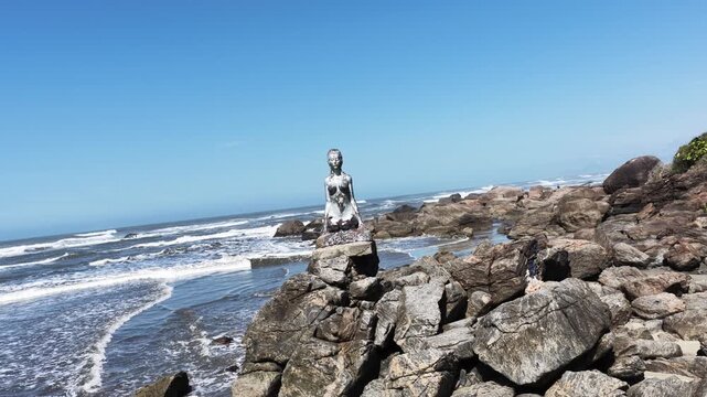 Sand Women Statue At Itanhaem In Sao Paulo Brazil. Sand Women. Beach Skyline. Landmark Statue. Sand Women Statue At Itanhaem In Sao Paulo Brazil. Famous Sculpture.